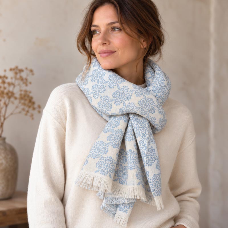 Bufanda de flores de algodón orgánico, lana merino y seda fabricada en Francia