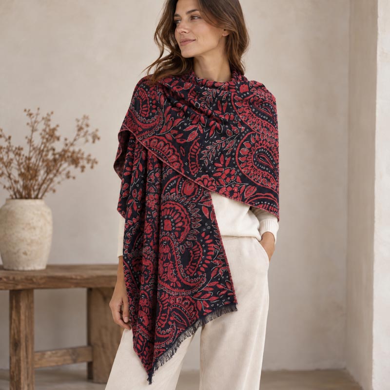 Estola con estampado paisley en lana merino y seda fabricada en Francia