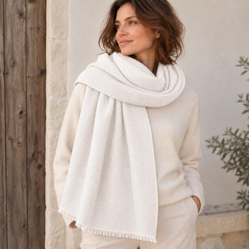 Estola de panal de algodón orgánico, lana merino y seda fabricada en Francia